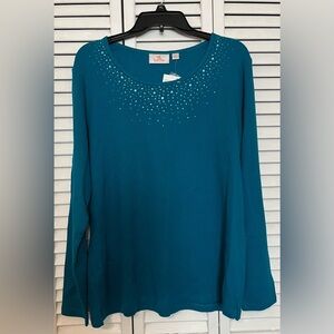 NWT Womens Quacker Factory Embellishment Rhinestone Teal Waffle Knit Shirt Sz L